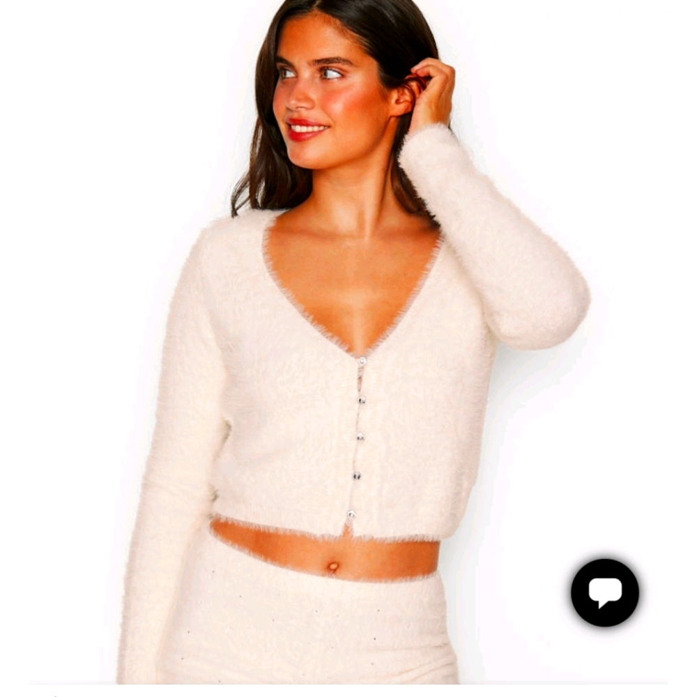 Victoria Secret  White Fuzzy Gem Cropped Cardigan